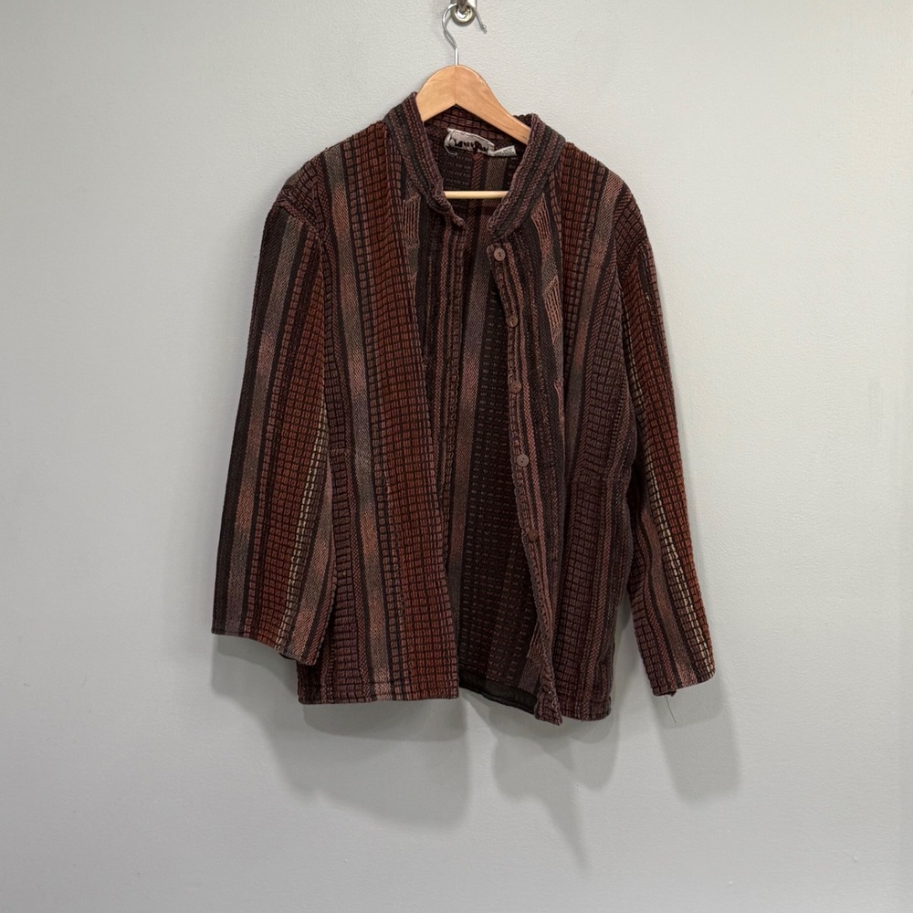 Vintage Raaga Woven Cotton Jacket Brown Striped Button Up Free Size India